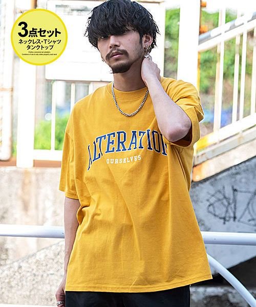 Quash ネックレス付きカレッジロゴTシャツ×タンクトップセット メンズ 半袖 タンクトップ ネックレス 3点セット ブランド おしゃれ 大人 チェーン 大き