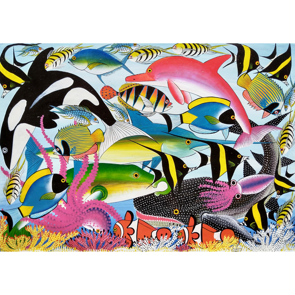 アフリカ絵画『 Sea world 2 』ティンガティンガ by Zuberi 50*70cm