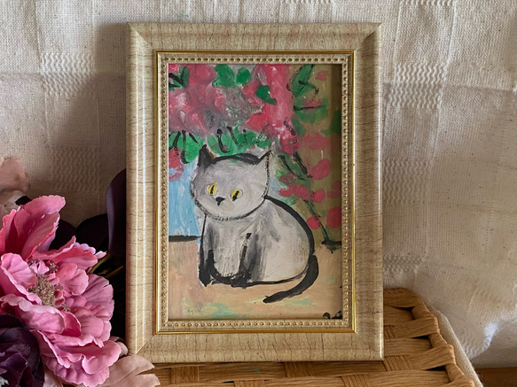 絵画。原画手描【猫ちゃんは主人の花園で楽しく遊んでいる】