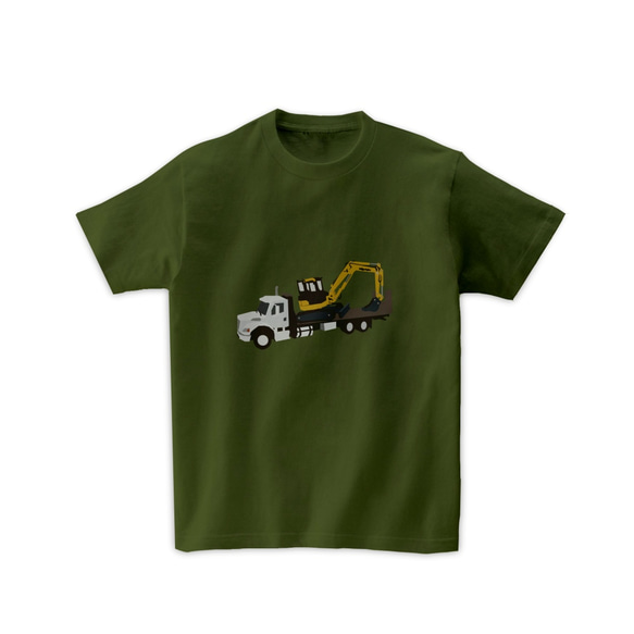 車Tシャツ-フラットベッドトラックとショベルカー（オリーブ）