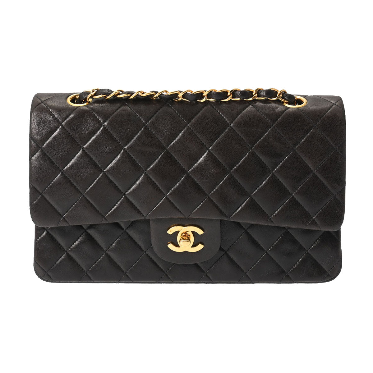 CHANEL シャネル チェーンショルダー 二重蓋 25cm 黒 ゴールド金具 レディース ラムスキン ショルダーバッグ ABランク 中古 