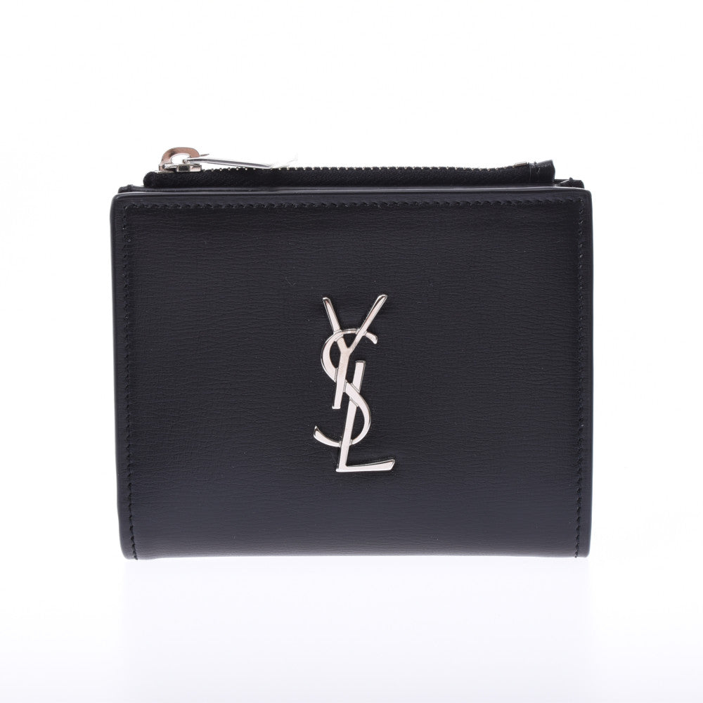 SAINT LAURENT サンローラン コンパクトウォレット 黒 シルバー金具 ユニセックス レザー 二つ折り財布 新同 中古 