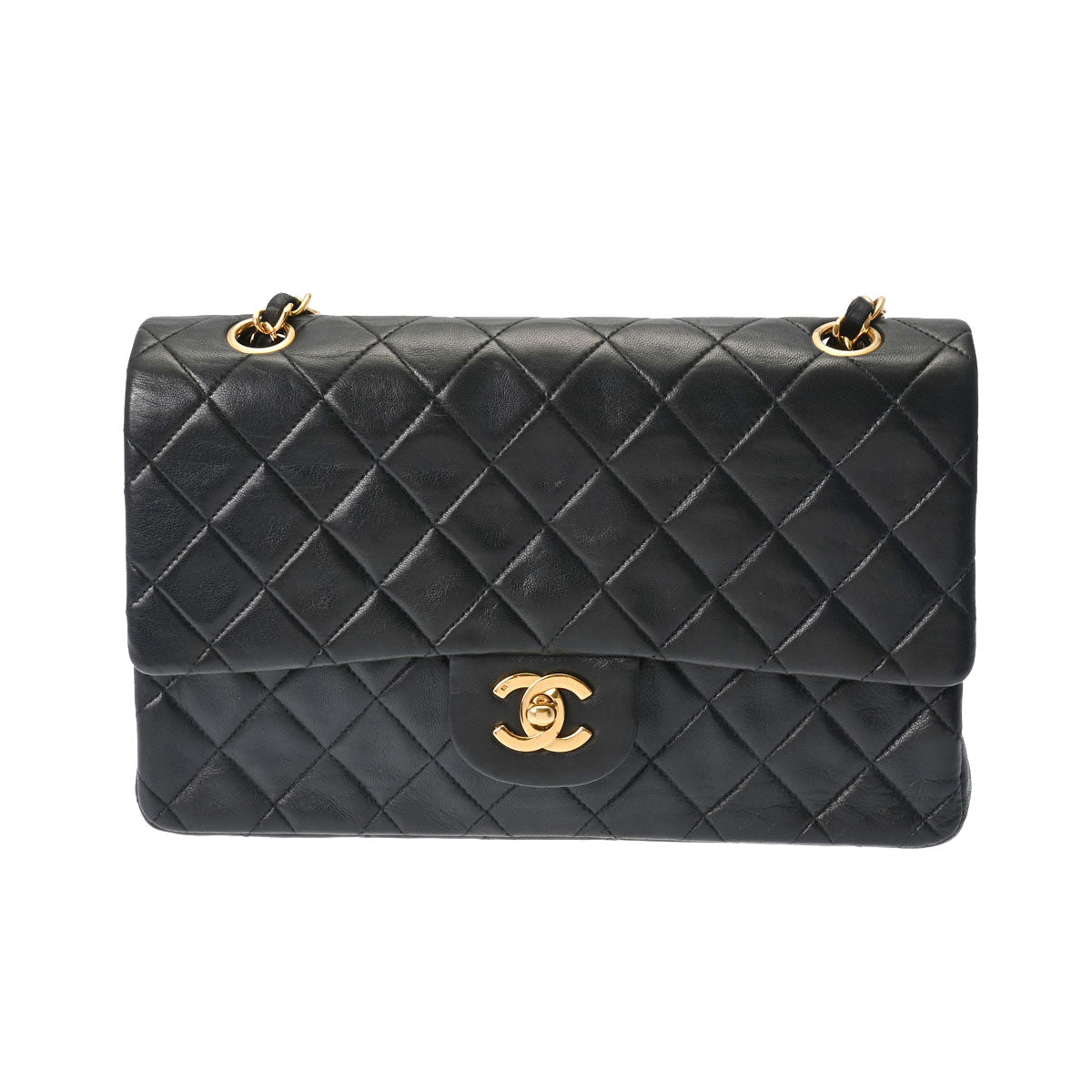 CHANEL シャネル マトラッセ Wフラップ 25cm チェーンショルダー  黒 ゴールド金具 レディース ラムスキン ショルダーバッグ Bランク 中古 