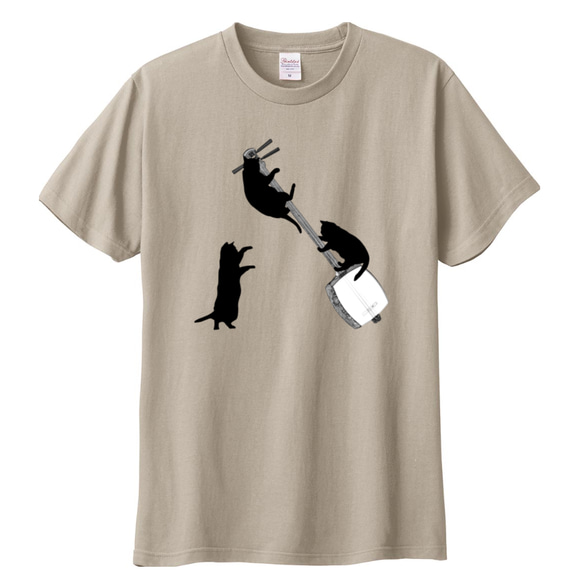 三味線と黒猫のＴシャツ(シルバーグレー)