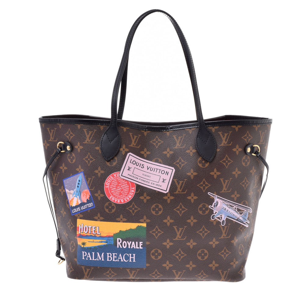 LOUIS VUITTON ルイヴィトン モノグラム ネヴァーフルMM  ワールドツアーステッカー ブラウン/黒 M42844 メンズ モノグラムキャンバス トートバッグ Aランク 中古 