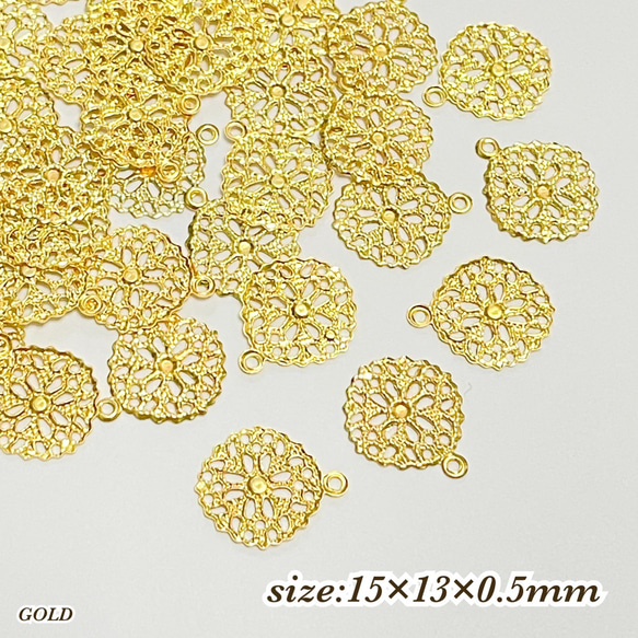 15mm×13mm 100枚☆ゴールド☆カン付き お花の透かしパーツ