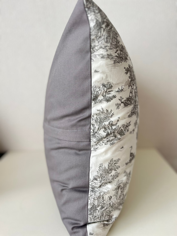 クッションカバー　45×45  トワルドジュイ Toile de Jouy 　 オフホワイト×グレー　片面