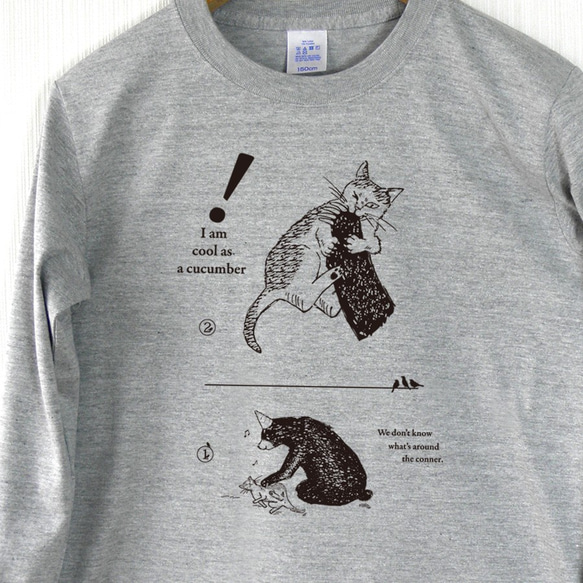 猫と熊 長袖Tシャツ （メンズ/杢グレー）