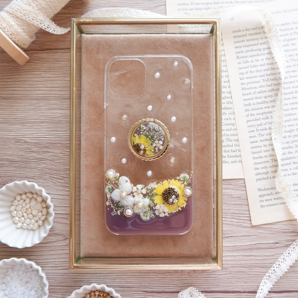 【全機種対応】❁スマホリング付き❁ 向日葵のボタニカルライン❁.*･ﾟ押し花スマホケース