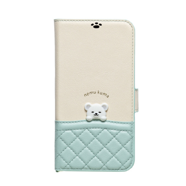 NATURAL design iPhone 15/14/13用手帳型ケース nemu kuma アイスブルー IP23-61-KUMA02