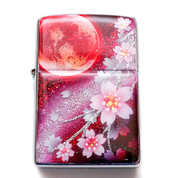 名入れ無料　ZIPPO 炎月と桜 ジッポ ライター 箱付き　銀箔