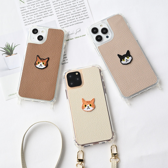 リアケース クリア 【 simple ワッペン 猫 】 刺繍 スマホケース スマホショルダー くすみカラー A244I