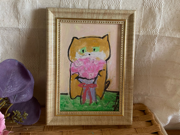 絵画。原画手描【美しい花束を抱いたかわいい猫ちゃん】07