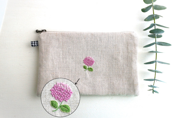 紫陽花＊手刺繍ポーチ【Pink＊きなり】