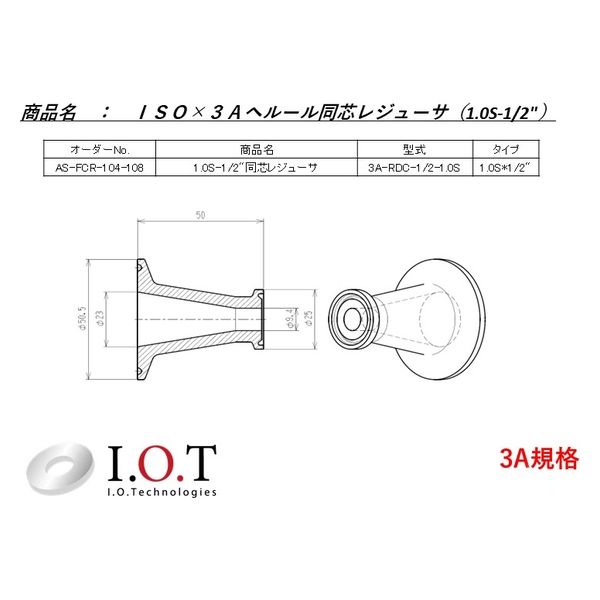 アイ・オー・テクノロジーズ 1.0S-1/2インチ　同心ヘルールレジューサ　3A-RDC-1/2-1.0S　1セット（1個×3）（直送品）