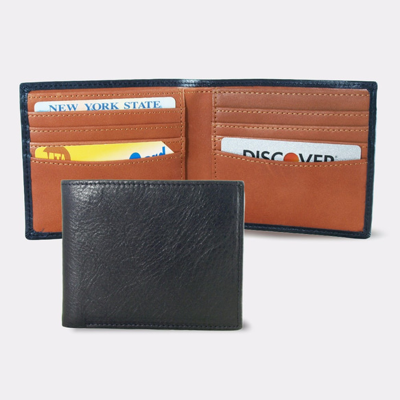 Montage Leather Bi-fold Compact Wallet - Navy Blue/Orange