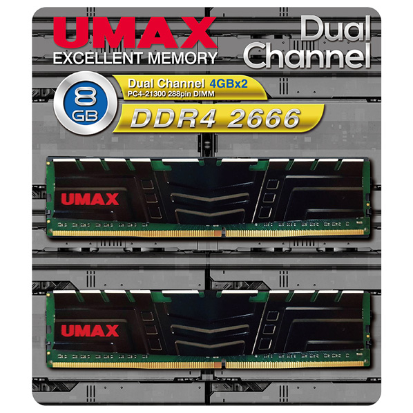 UMAX デスクトップ用メモリー(4GB×2) DUAL CHANEL 4GB X2 8GB DDR4 2666 PC4-21300 288PIN DIMM UM-DDR4D-2666-8GBHS