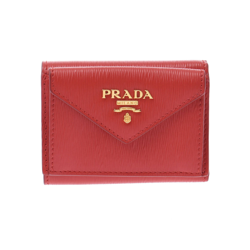 PRADA プラダ コンパクトウォレット 赤 GP金具 ユニセックス レザー 三つ折り財布 新同 中古 