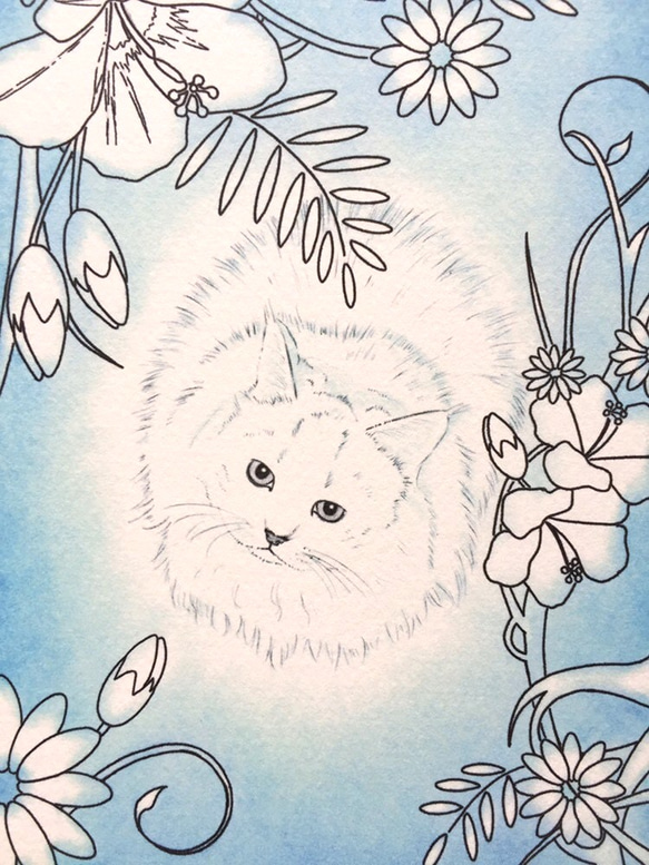 [botanical garden] パステル画のイラスト ボタニカル調の猫