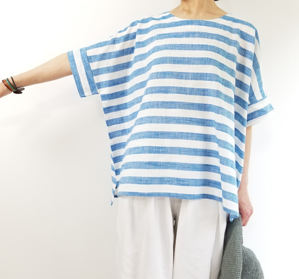 太ボーダーコットンリネン ゆったり落ち感Tシャツ　ブルー