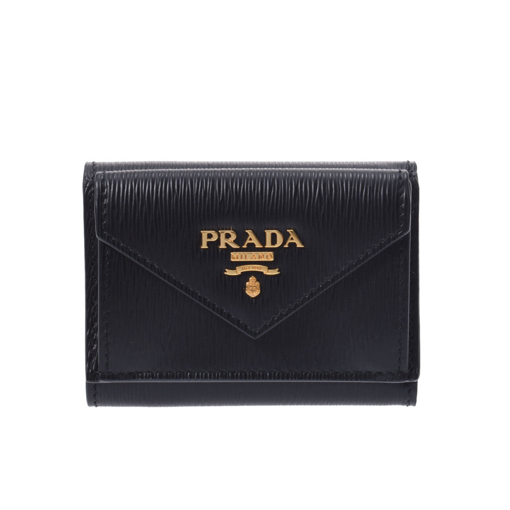 PRADA プラダ コンパクトウォレット アウトレット 黒 ゴールド金具 1MH021 ユニセックス レザー 三つ折り財布 未使用 