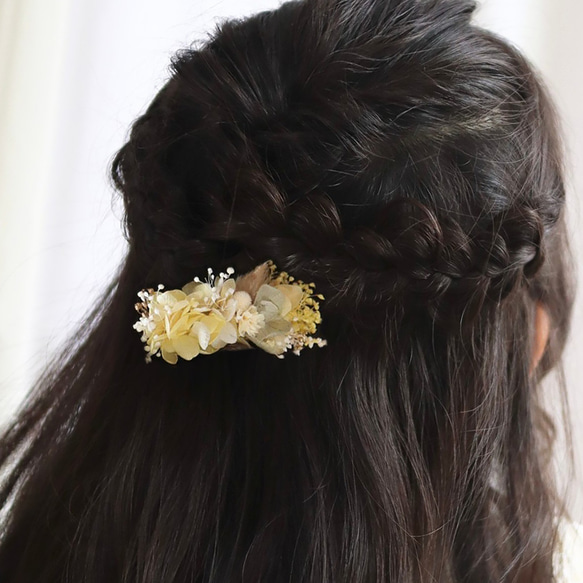 ドライフラワーのちいさなヘアクリップ / イエロー×グリーン / プリザーブド髪飾り/ 七五三  卒園式 結婚式 発表会