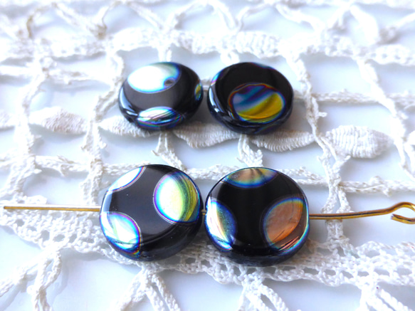 6個　黒青系 メタリックどっと　チェコビーズCzech Glass Bead