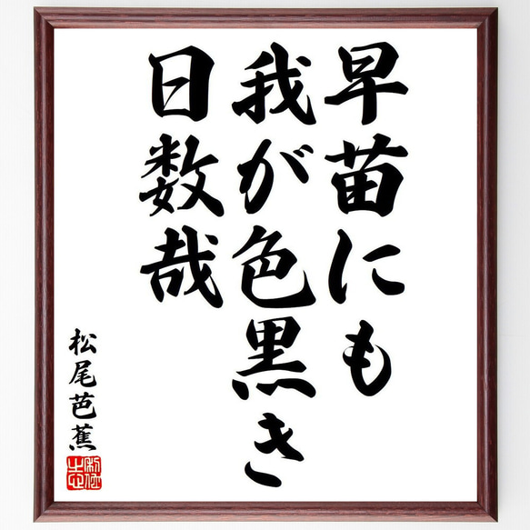 松尾芭蕉の俳句・短歌「早苗にも、我が色黒き、日数哉」額付き書道色紙／受注後直筆（Y8146）