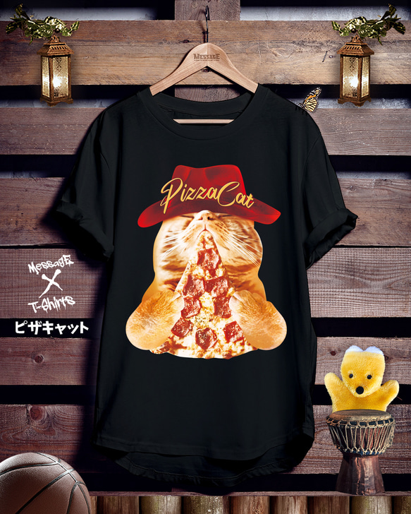 おもしろねこフード黒Tシャツ「ピザキャット」