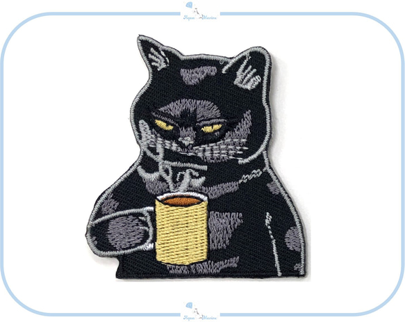 ES80 アップリケ 刺繍 デザイン 黒猫 コーヒー 黒ネコ 珈琲 ハンドメイド 海外 アイロン ワッペン 材料 素材