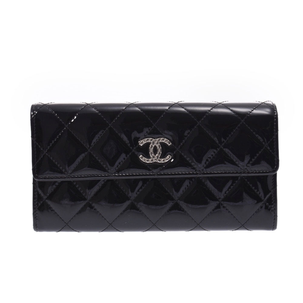 CHANEL シャネル マトラッセ ブリリアント 黒 シルバー金具 レディース エナメル 長財布 Bランク 中古 