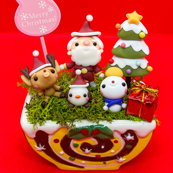 ピック変更 クリスマス ロールケーキ　季節飾り　樹脂粘土　粘土細工　ミニチュア　Xmas