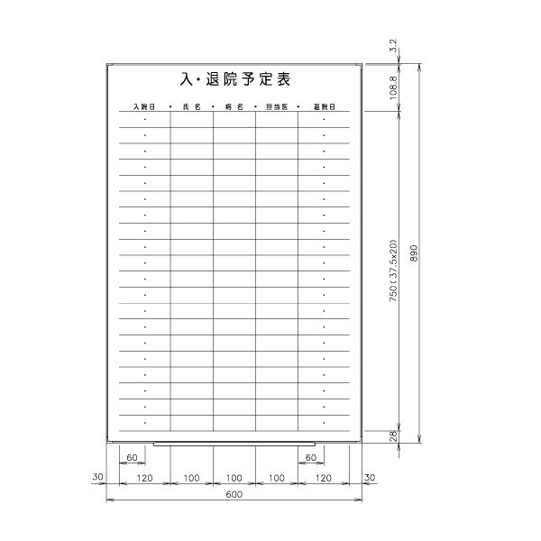 日学　ライトフレームホワイトボード罫引　入・退院予定表