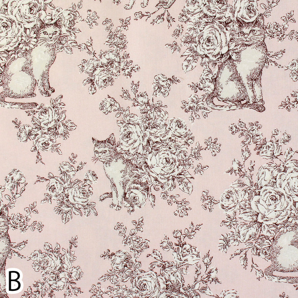ハーフカットサイズ！アンティーク調！『ロイヤルビンテージ 　猫とバラ柄　ねこ　 Bーピンク』～52×50㎝でカット済み～