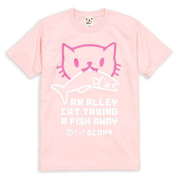 SCOPYネコTシャツ「お魚くわえたどらねこさん」ライトピンク