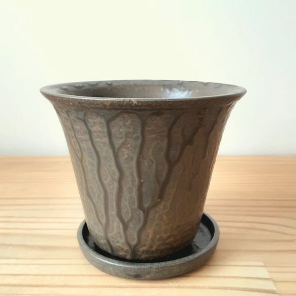 20%OFF FLOWER POT 植木鉢 M 4inch(100㎜) リム 条痕釉 受け皿セット