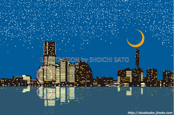 版画作品　横浜イラスト「スターライト・ハーバー」みなとみらい21の夜景