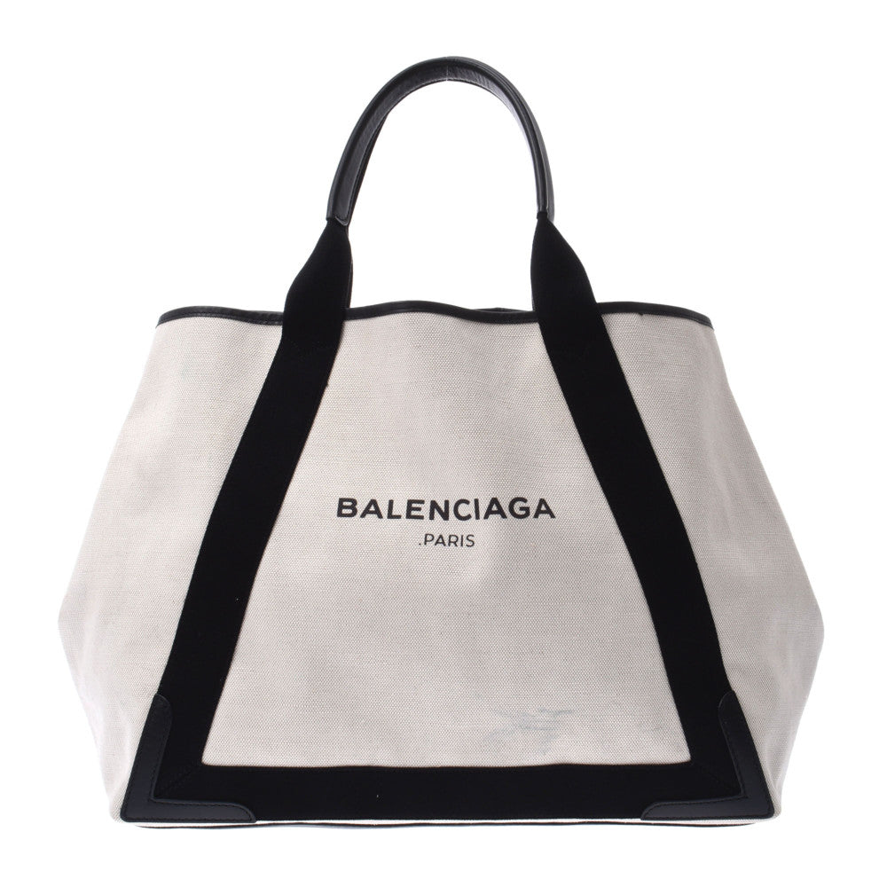 【お歳暮】BALENCIAGA バレンシアガ ネイビーカバ M 白/黒 339936 ユニセックス キャンバス/レザー トートバッグ Bランク 中古 _画像1