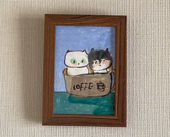 絵画。原画【可愛い猫ちゃんたちがコーヒー風呂に入る】02