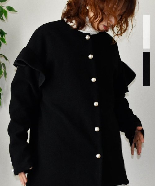 Ruffle Sleeve Pearl Button Jacket 21108 フリルスリーブパールボタンジャケット　オーバージャケット　ウールジャケット　フリ