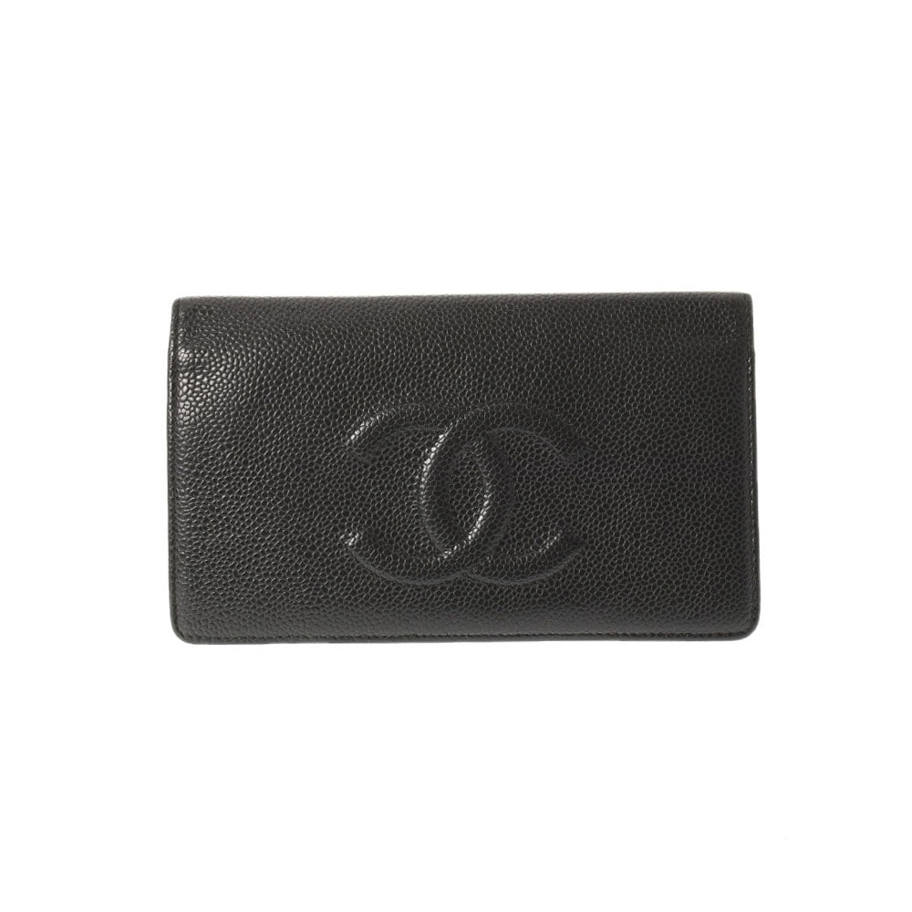 CHANEL シャネル  長財布 黒 シルバー金具 レディース  キャビアスキン 二つ折り財布 Bランク 中古 