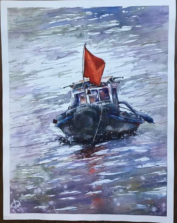 警戒船　水彩画　手描き　原画　船　海