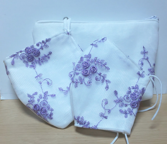 パープル薔薇刺繍３点セット★大人用立体マスク＆ケース★ポーチ sb3-002