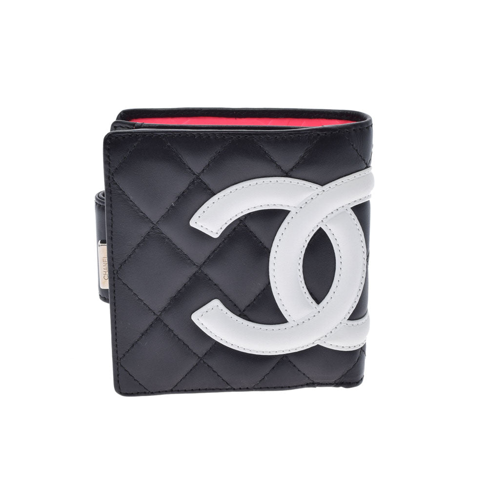 CHANEL シャネル カンボンライン がま口 黒/白 レディース カーフ 二つ折り財布 Aランク 中古 