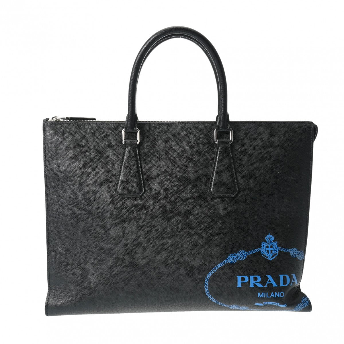 PRADA プラダ ブリーフケース ブラック/ブルー シルバー金具 2VG039 メンズ サフィアーノレザー ビジネスバッグ Aランク 中古 