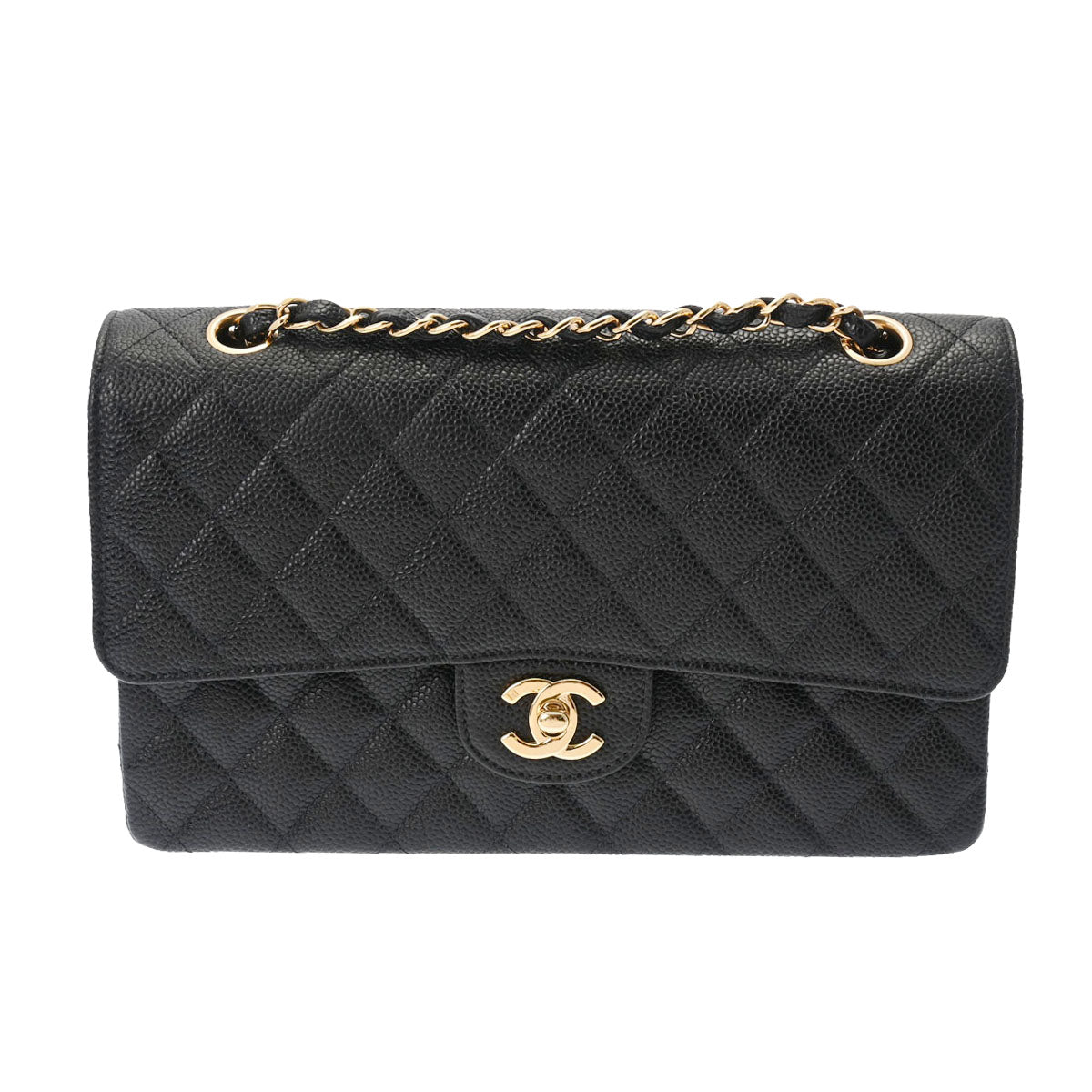 CHANEL シャネル マトラッセ Wフラップ チェーンショルダー 25cm 黒 ゴールド金具 レディース キャビアスキン ショルダーバッグ Aランク 中古 