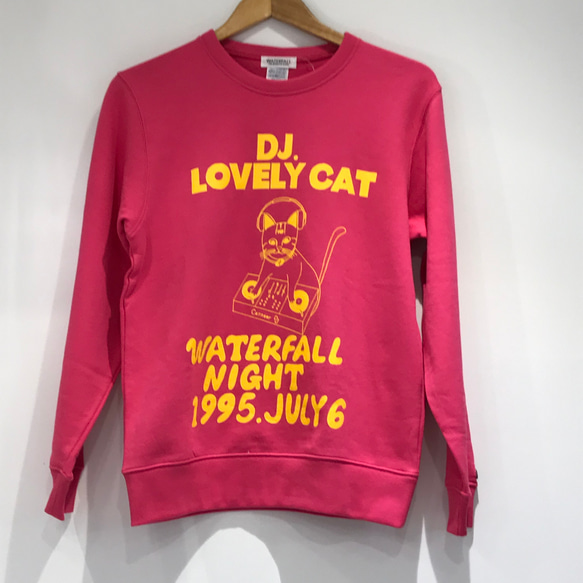 「DJ猫」レコードワッペン猫ツアースウェット  ピンク　Mサイズ　WATERFALL