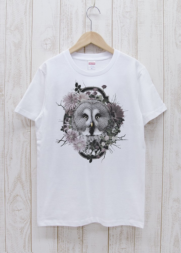 ronronGreatGrayOwl Tee　Flower Frame（ホワイト） / R037-T-WH