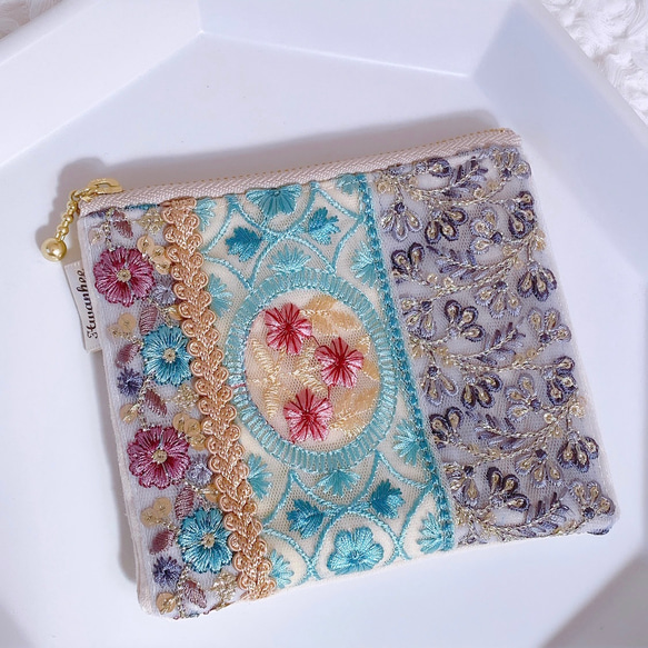 インド刺繍の12cmファスナーポーチ　フラットポーチ