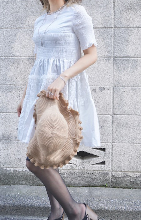 White Cotton Shirring Flare Onepiece ミニ丈ワンピース ホワイト 白 上品 きれいめ